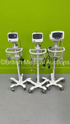 2 x Welch Allyn ProPaq LT Patient Monitors with Docking Stations, Power Supplies and Various Leads on Stands and 1 x Welch Allyn 53N00 Monitor on Stand with Power Supply (All Power Up) *S/N KA003369 / JA116409 / na*