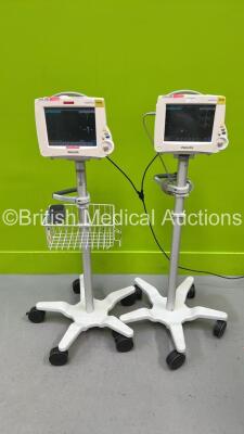 2 x Philips IntelliVue MP30 Patient Monitors on Stands (Both Power Up) with 2 x Philips M3001A Module with ECG, SpO2, NBP, Press and Temp Options *SN DE52613077 / DE72886365*