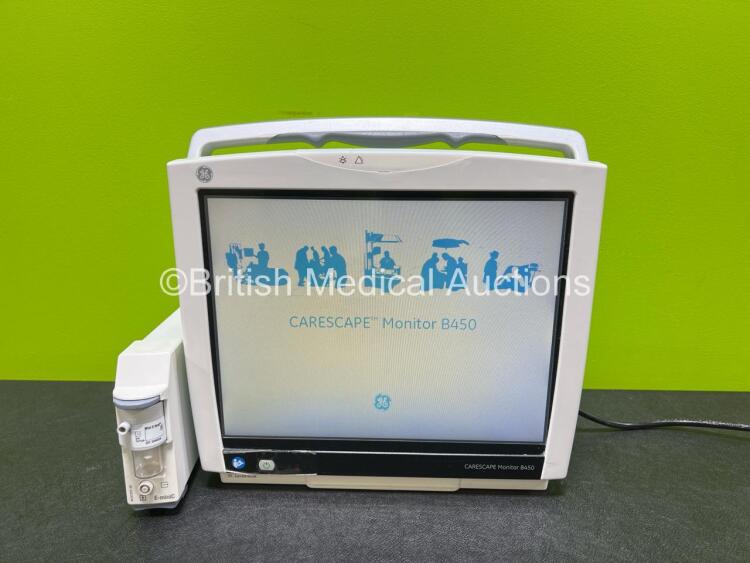 GE B450 Carescape Patient Monitor *Mfd 2014* (Powers Up) with GE Type E-MINIC-00 Gas Module with Mini D-fend Water Trap *SN 6565191 / SJA14291660HA*