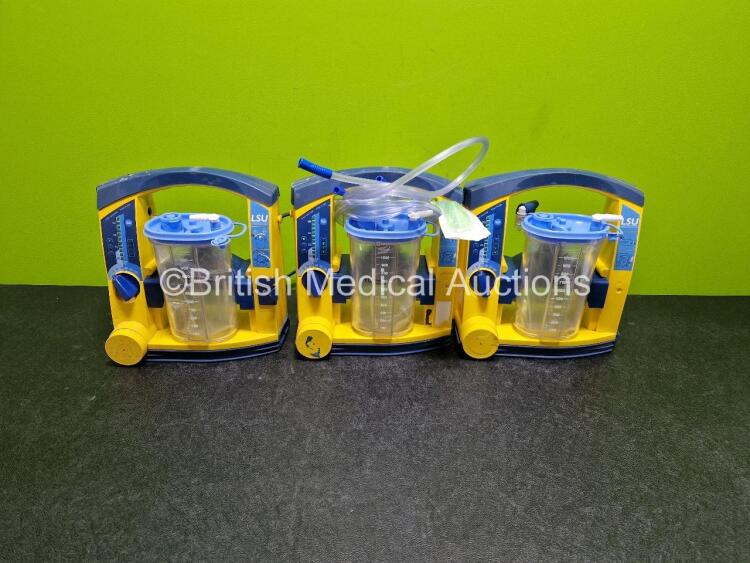3 x Laerdal LSU Suction Units (All Power Up, 1 x with Damage and 1 x with Loose Casing) with 3 x Suction Cups, Hoses and 3 x Batteries