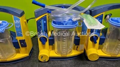 3 x Laerdal LSU Suction Units (All Power Up, 1 x with Damage and 1 x with Loose Casing) with 3 x Suction Cups, Hoses and 3 x Batteries - 3