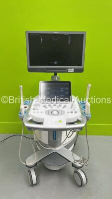 Siemens Acuson S2000 Flat Screen Ultrasound Scanner Model 10041461 *S/N 214401* **Mfd 2016** Software Version 500.1.061 with 2 x Transducers / Probes (MC9-4 and EC9-4) and Mitsubishi P93D Printer (Powers Up) ***IR675***