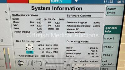 Drager Primus Infinity Anaesthesia Machine Software Version 4.53.00 - Operating Hours Mixer 15020 - Ventilator 4703 with Bellows, Absorber and Hoses (Powers Up) *S/N ASAB0261* **Mfd 2009** - 2