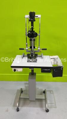 Haag Streit Bern BM900 Slit Lamp on Hydraulic Table with Binoculars, 2 x 16x and 1 x 10x Eyepieces and Chin Rest - Incomplete - Cut Power Cable *U 90025887*