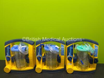 3 x Laerdal LSU Suction Units (All Power Up with Damage to Casing, 1 x Lights Not Working - See Photos) with 3 x Suction Cups and 3 x NiMH Batteries