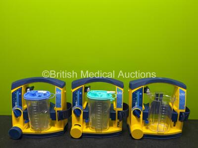 3 x Laerdal LSU Suction Units (All Power Up) with 3 x Suction Cups (1 x Missing Lid) and 3 x NiMH Batteries *SN 78151467040 / 78521585974 / 78271469720*