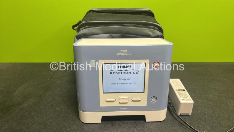 Philips Respironics Trilogy 100 Ventilator Software Version 14.2.04 with 1 x Li-ion Rechargeable Battery in case (Powers Up with Low Pressure, Ventilator Service Required, Check Circuit and Internal Battery Depleted Messages Showing) * REF 1054096 *