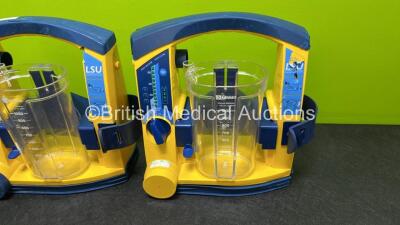 2 x Laerdal LSU Suction Units (Both Power Up with Damage to Casing) with 2 x Cups (Both Missing Lids) and 2 x NiMH Batteries - 4