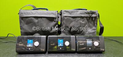 3 x ResMed Airsense 10 Elite CPAP Units with 3 x Power Supplies in 2 x Carry Bags (All Power Up and 1 x System Fault - See Photos)