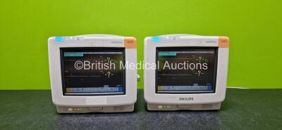 2 x Philips IntelliVue MP5 Touch Screen Patient Monitors Including Press, Temp, ECG, SpO2, NBP, Press and Temp Options (Both Power Up) *SN DE74813465 / DE74813464*