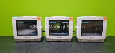 3 x Philips IntelliVue MP5 Touch Screen Patient Monitors Including Press, Temp, ECG, SpO2, NBP, Press and Temp Options (All Power Up) *SN DE74813463 / DE74813460 / DE4813459*