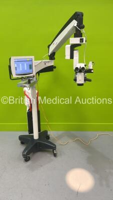 Leica M822 F20 Ophthalmic Surgical Microscope with Binoculars, 2 x 10x/21 Eyepieces, WD = 200mm Lens, Leica f=55mm Full HD OptiChrome Attachment, Leica HD C100 Camera and Footswitch on Stand (Powers Up with Good Bulb - Some Damage, See Photos) *SN 1406140