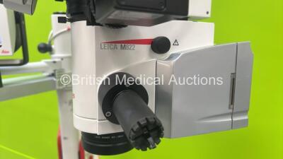 Leica M822 F20 Ophthalmic Surgical Microscope with Binoculars, 2 x 10x/21 Eyepieces, WD = 200mm Lens, Leica f=55mm Full HD OptiChrome Attachment, Leica HD C100 Camera and Footswitch on Stand (Powers Up with Good Bulb - Some Damage, See Photos) *SN 1406140 - 2