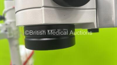 Leica M822 F20 Ophthalmic Surgical Microscope with Binoculars, 2 x 10x/21 Eyepieces, WD = 200mm Lens, Leica f=55mm Full HD OptiChrome Attachment, Leica HD C100 Camera and Footswitch on Stand (Powers Up with Good Bulb - Some Damage, See Photos) *SN 1406140 - 3