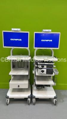 2 x Olympus Stack Trolleys with 2 x Olympus OEV262H Monitors, Olympus Evis Lucera Elite CV-290 Digital Processor, Olympus Evis ELite CLV-290SL Light Source, Olympus MAJ-1911 Pigtail Connector and NFS Transmitter and Receiver (All Powers Up - Professionall