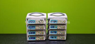 Job Lot Including 8 x B.Braun Infusomat Space Infusion Pumps (All Power Up with Stock Power Supply - Stock Power Supply Not Included and 1 x Cracked Screen - See Photos) and 2 x B.Braun Space Stations (1 x Damaged / Missing Casing - See Photos) *SN 457308