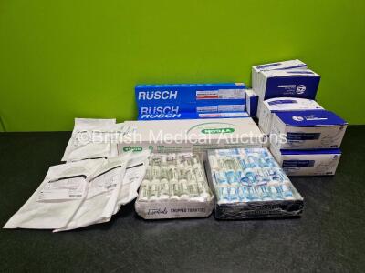 Job Lot of Mixed Medical Consumable Including Coveralls, Approx 40 x Cardinalhealth Video Camera Covers, Foley Catheters *All In Date* 50 x Vygon Octopus 2 Extension Sets, Facemasks and Gauze Bandages