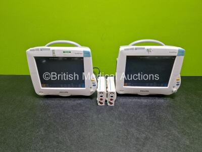 2 x Philips IntelliVue MP50 Patient Monitors (Both Power Up) with 2 x Philips M3001A Modules Opt A01C06 Including ECG, SpO2, NBP, Press and Temp Options *SN DE907U2420 / DE51284139 / DE82072180 / DE82072167*