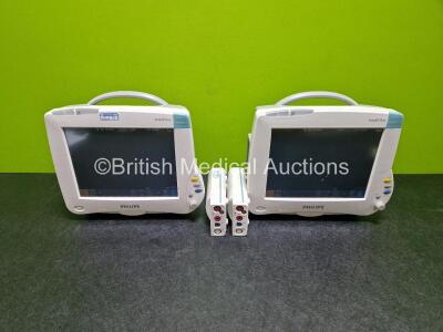 2 x Philips IntelliVue MP50 Patient Monitors (Both Power Up) with 2 x Philips M3001A Modules Opt A01C06 Including ECG, SpO2, NBP, Press and Temp Options *SN DE907T9905 / DE512A9858 / DE82062446 / DE82098403*