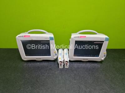 2 x Philips IntelliVue MP50 Patient Monitors (Both Power Up) with 2 x Philips M3001A Modules Opt A01C06 Including ECG, SpO2, NBP, Press and Temp Options *SN DE907T9374 / DE717Q8317 / DE82072170 / NA*