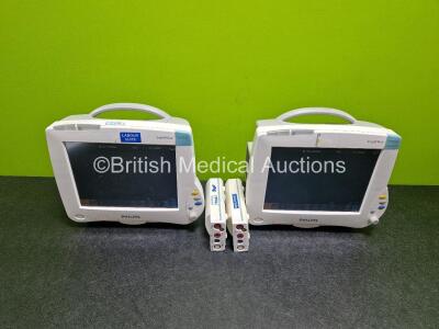 2 x Philips IntelliVue MP50 Patient Monitors (Both Power Up) with 2 x Philips M3001A Modules Opt A01C06 Including ECG, SpO2, NBP, Press and Temp Options *SN DE907T0563 / DE907U0067 / DE82072193 / DE82072178*