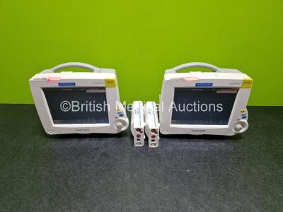 2 x Philips IntelliVue MP20 Patient Monitors (Both Power Up) with 2 x Philips M3001A Modules Opt A01C06 Including ECG, SpO2, NBP, Press and Temp Options *SN DE907U0093 / DE512A9916 / DE72834492 / DE72834483*