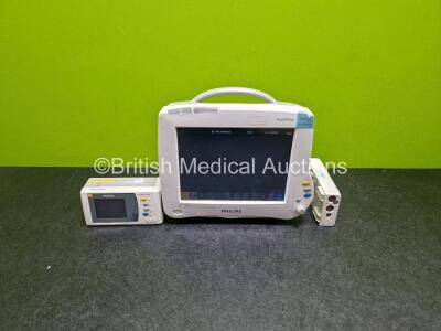 Job Lot Including 1 x Philips IntelliVue MP50 Patient Monitor (Powers Up) 1 x Philips IntelliVue X2 Handheld Patient Monitor (Powers Up, Missing Battery) Including ECG, SpO2, NBP, Press and Temp Options and 1 x Philips M3012A Module Including Press, Temp