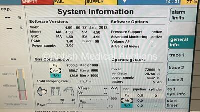 Drager Primus Anaesthesia Machine Software Version 4.50.00 - Total Operating Hours Mixer 81693 - Ventilator 15413 with Bellows and Hoses (Powers Up) *S/N ARWL-0133* - 2