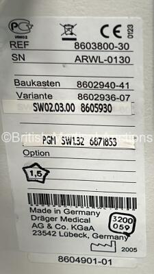 Drager Primus Anaesthesia Machine Software Version 4.50.00 - Total Operating Hours Mixer 81693 - Ventilator 15413 with Bellows and Hoses (Powers Up) *S/N ARWL-0133* - 5