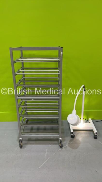 1 x Daray Patient Examination Lamp on Stand (Powers Up with Good Bulb - Damaged Arm - See Pictures) and 1 x Stainless Steel Trolley *S/N NA*