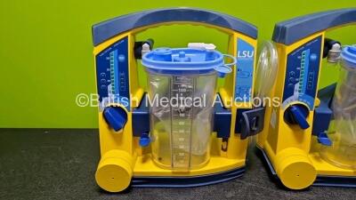 3 x Laerdal LSU Suction Units Including 3 x NiMH Batteries and 3 x Suction Cups and Lids (All Power Up and All Damaged Cases - See Photos) - 3