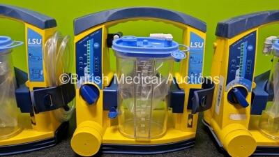 3 x Laerdal LSU Suction Units Including 3 x NiMH Batteries and 3 x Suction Cups and Lids (All Power Up and All Damaged Cases - See Photos) - 4