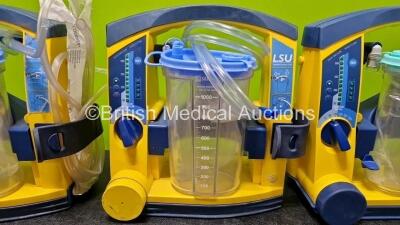 3 x Laerdal LSU Suction Units Including 2 x NiMH Batteries and 3 x Suction Cups and Lids (All Power Up and 2 x Damaged Casings - See Photos) - 4