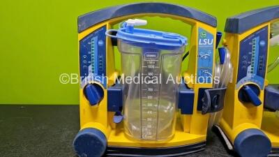 3 x Laerdal LSU Suction Units Including 2 x NiMH Batteries and 3 x Suction Cups and Lids (2 x Power Up, 1 x No Power and 1 x Damaged - See Photos) - 3