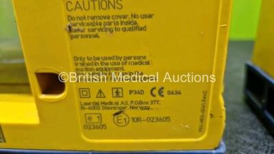 3 x Laerdal LSU Suction Units Including 2 x NiMH Batteries and 3 x Suction Cups and Lids (2 x Power Up, 1 x No Power and 1 x Damaged - See Photos) - 10