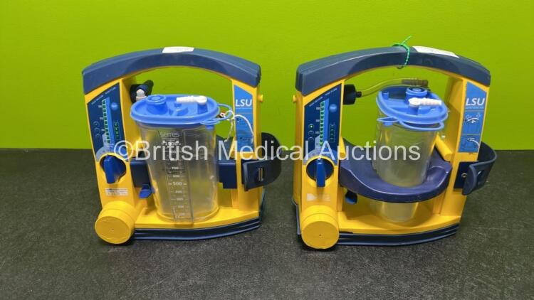 2 x Laerdal LSU Suction Units (Both Power Up with Some Missing Casing) with 2 x Cups and 2 x NiMH Batteries *78112150385 / 78091354542*