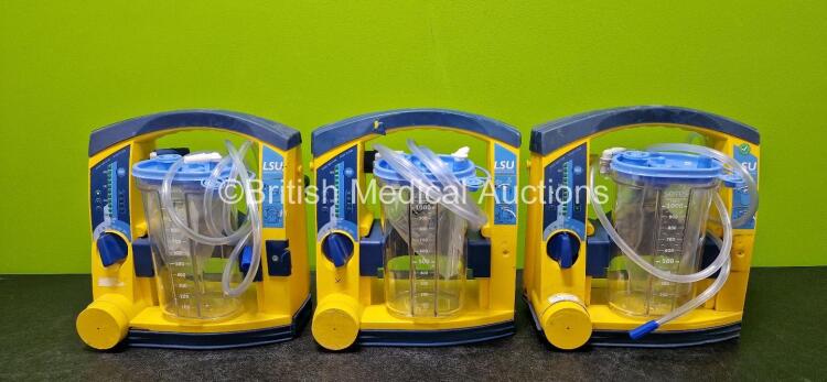 3 x Laerdal LSU Suction Units Including 3 x NiMH Batteries and 3 x Suction Cups and Lids (All Power Up, All Damaged Casings and 1 x Faulty Dial - See Photos)