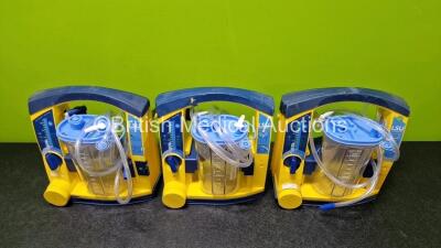 3 x Laerdal LSU Suction Units Including 3 x NiMH Batteries and 3 x Suction Cups and Lids (All Power Up, All Damaged Casings and 1 x Faulty Dial - See Photos) - 2