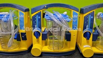 3 x Laerdal LSU Suction Units Including 3 x NiMH Batteries and 3 x Suction Cups and Lids (All Power Up, All Damaged Casings and 1 x Faulty Dial - See Photos) - 4