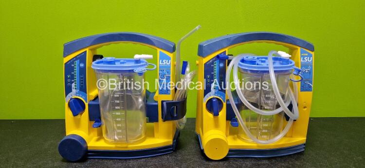 2 x Laerdal LSU Suction Units Including 2 x Suction Cups and Lids (Both Power Up, Both Missing Batteries and Both Damaged Casings - See Photos)