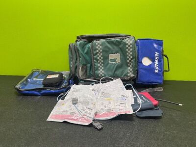 Job Lot Including 1 x Openhouse Medical Rucksack / Bag (1 x Damaged - See Photos), 1 x SP Services Airways Bag (Badge Cut Out), 1 x Unknown Medical Bag with Various Cuffs, 1 x Physio Control 3 Lead ECG Lead in Case and 8 x Defibrillation Electrodes (7 x i