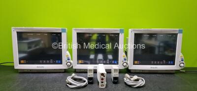 Job Lot Including 3 x Philips IntelliVue MP70 Touchscreen Patient Monitors (All Power Up and 1 x Cracked Case - See Photos), 2 x Philips M1032A VueLink Modules with 2 x Philips M1032A Cables and 1 x Philips M3001A Module Including ECG, SpO2, NBP, Press an