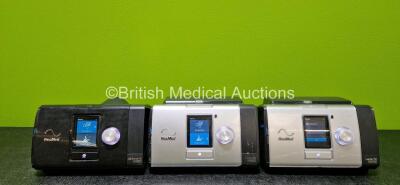 Job Lot Including 1 x ResMed AirSense 10 Autoset CPAP Unit (Powers Up and Missing Humidifier Chamber - See Photos), 2 x ResMed Lumis 150 VPAP ST-A Units with 2 x Humidifier Chambers (Both Power Up) and 2 x Power Supplies *SN 23181193690 / 22161161848 / 22