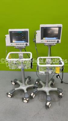 2 x Edan iM50 Patient Monitors on Stands with ECG, SPO2, CO2, IBP1, IBP2, T1 and T2 Options and iCARB CO2 Module with Selection of Cables (Both Power Up)