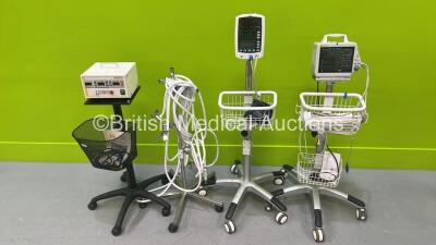 1 x Mindray VS-800 Patient Monitor on Stand, 1 x Mindray MEC-1200 Patient Monitor on Stand, 1 x DCS Medical TR 5000 Electronic Tourniquet on Stand (Blank Screen) and 1 x Regulator on Stand with Hose *S/N BY-17129659 / CC-9C111748*