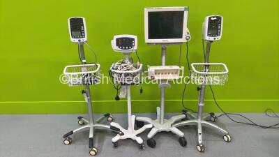 1 x Welch Allyn 53N00 Vital Signs Monitor on Stand, 2 x Mindray VS-800 Vital Signs Monitor on Stand, 1 x Philips IntelliVue MP70 Patient Monitor (Draws Power with Blank Screen) on Stand with Module Rack and Press Module (All Power Up) *S/N JA110004/ BY-83