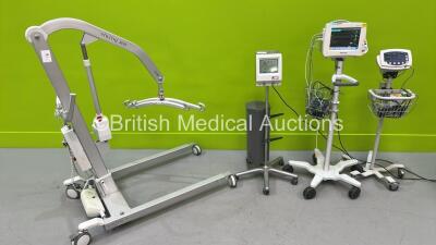 1 x Welch Allyn 53N00 Vital Signs Monitor on Stand,1 x Philips IntelliVue MP30 Patient Monitor on Stand with M3001A Multiparameter Module with Selection of Cables (Both Power Up), 1 x Anetic Aid AET Electronic Tourniquet and 1 x Liko Viking 300 Electric P