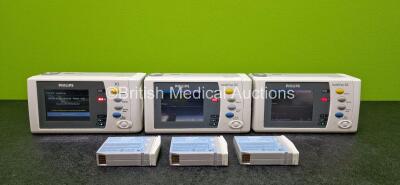 3 x Philips IntelliVue X2 Handheld Patient Monitors (All Power Up with Stock Battery - Stock Battery Not Included, 1 x Requires Maintenance and 1 x Damaged Case - See Photos) Including ECG, SpO2, NBP, Press and Temp Options and 3 x Philips M4607A Lithium 