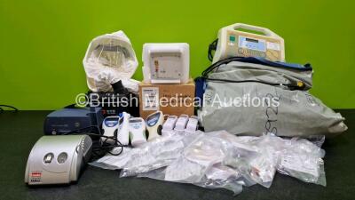 Mixed Lot Including 1 x Medel Compressor, 1 x Pari TurboBOY SX Compressor, 1 x Tecman Freeflow Air Purifying Respirator with Hood (No Battery), 24 x Bluepoint Medical VersaStream Airway Adapter Sampling Line Infant *All Expired*, 7 x Various Thermometers,