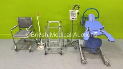 1 x Baxter Colleague Pump on Stand, 2 x Zimmer Frames, 1 x Wheelchair Commode, 1 x Arjo Encore Electric Patient Hoist and 1 x Sidhil Gas Canister Trolley